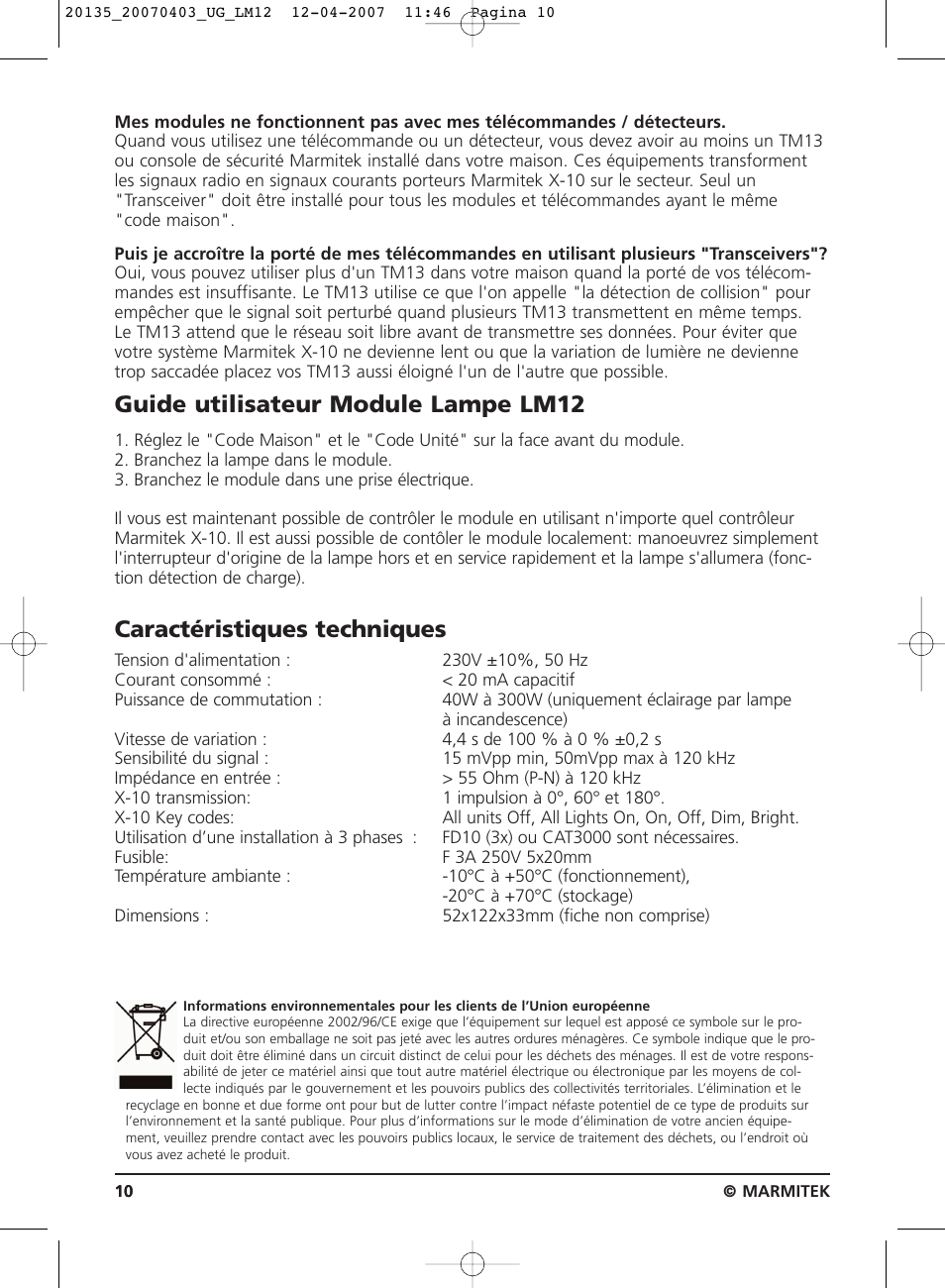 Guide utilisateur module lampe lm12, Caractéristiques techniques | Marmitek LM12 User Manual | Page 10 / 24