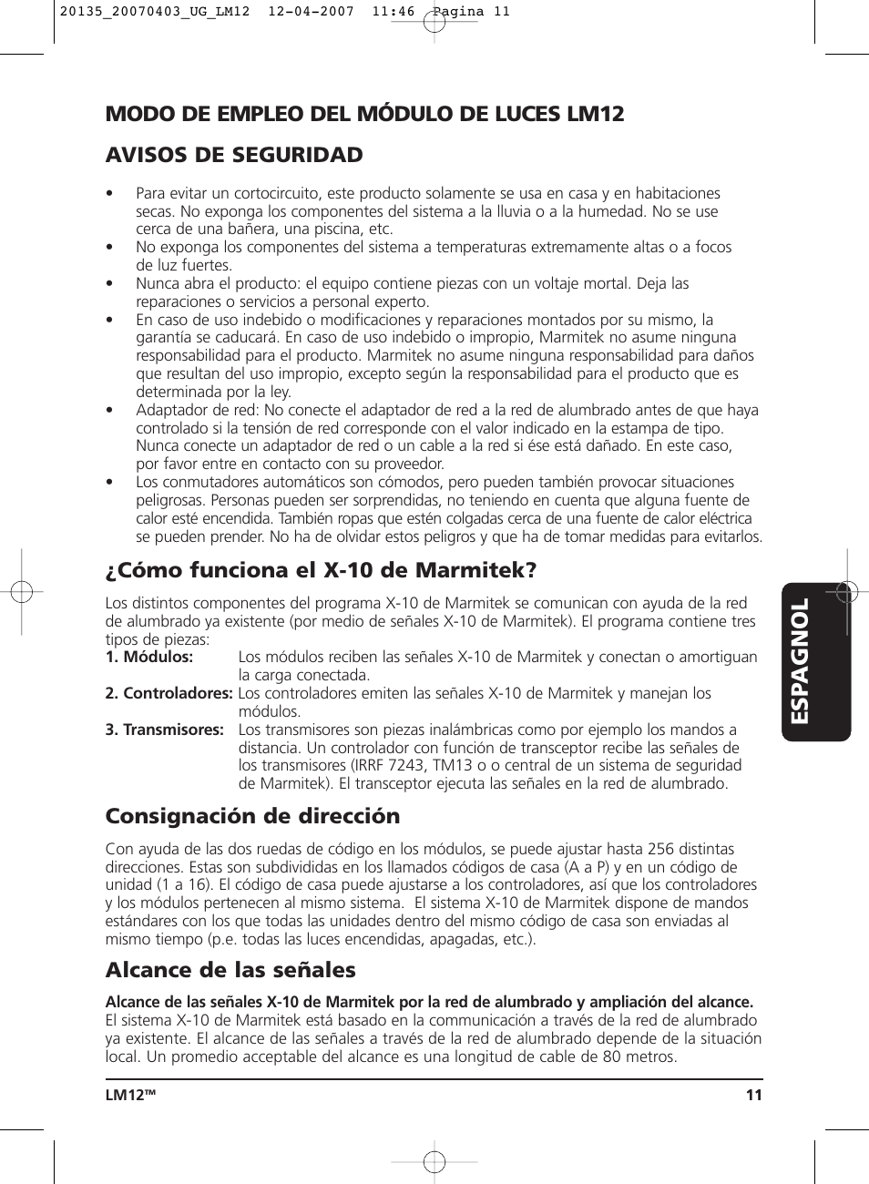Modo de empleo, Esp agnol, Cómo funciona el x-10 de marmitek | Consignación de dirección, Alcance de las señales | Marmitek LM12 User Manual | Page 11 / 24