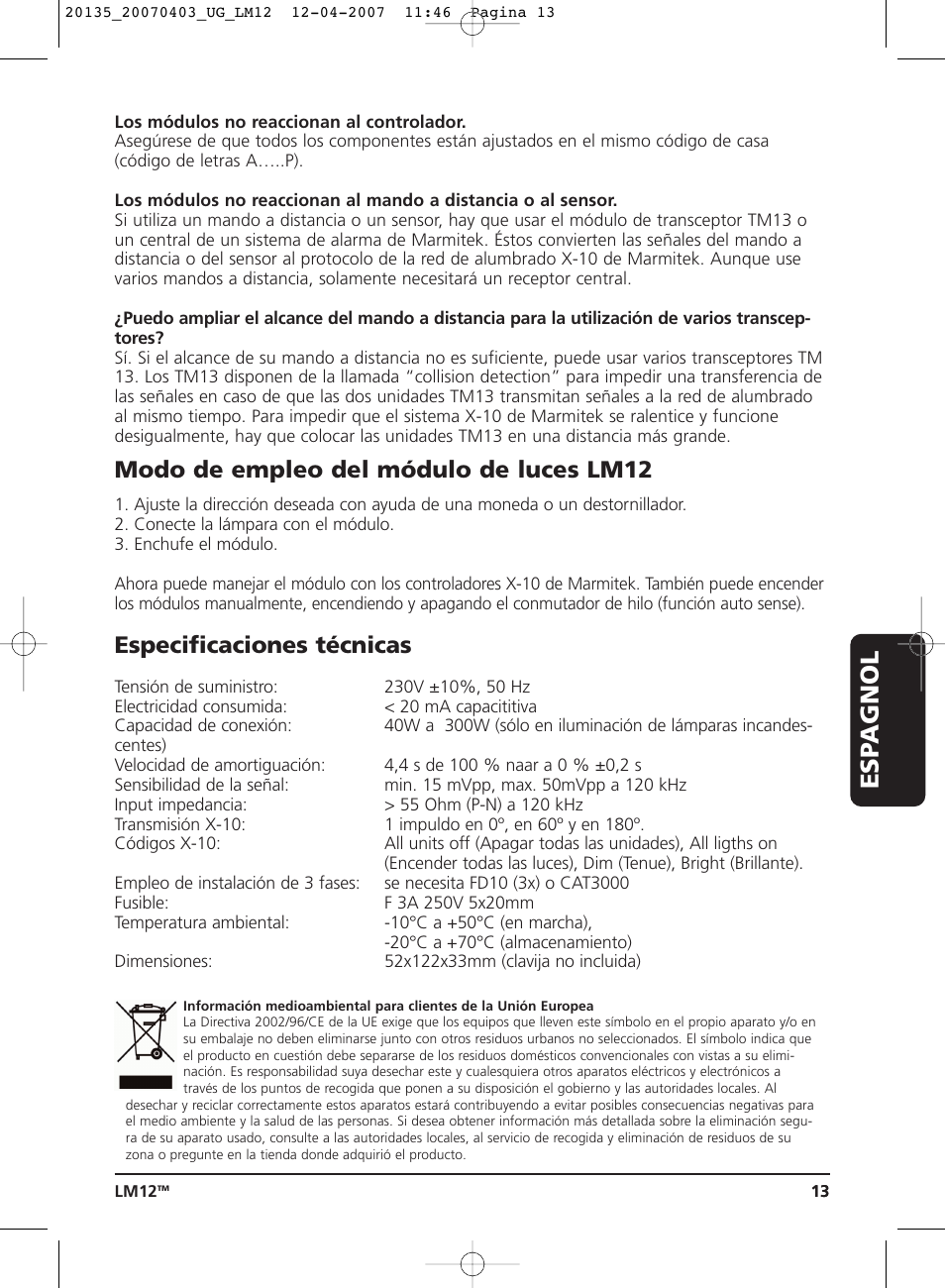 Esp agnol, Modo de empleo del módulo de luces lm12, Especificaciones técnicas | Marmitek LM12 User Manual | Page 13 / 24