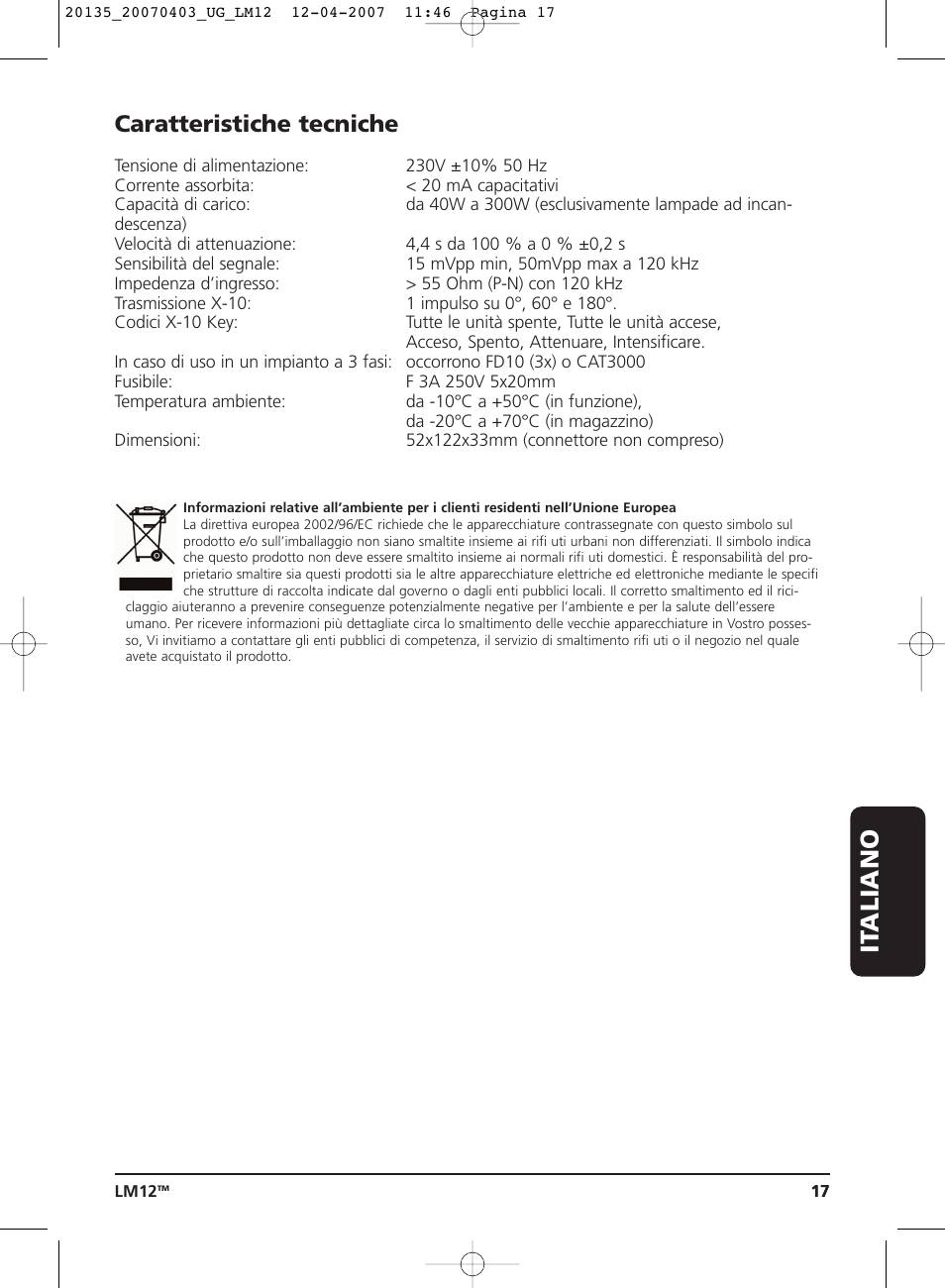 It aliano, Caratteristiche tecniche | Marmitek LM12 User Manual | Page 17 / 24
