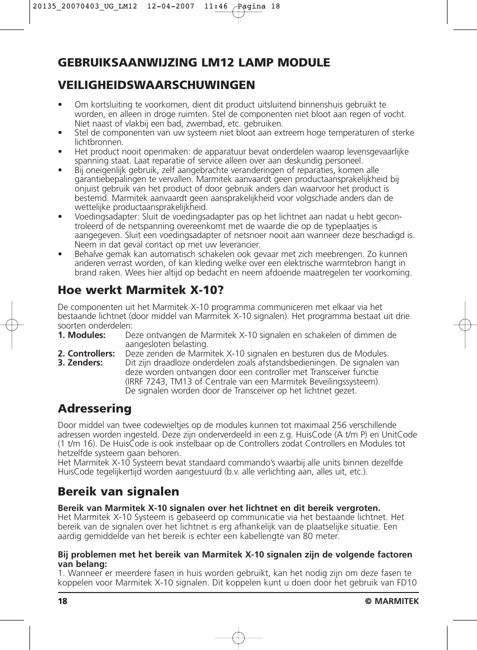 Gebruiksaanwijzing, Hoe werkt marmitek x-10, Adressering | Bereik van signalen | Marmitek LM12 User Manual | Page 18 / 24