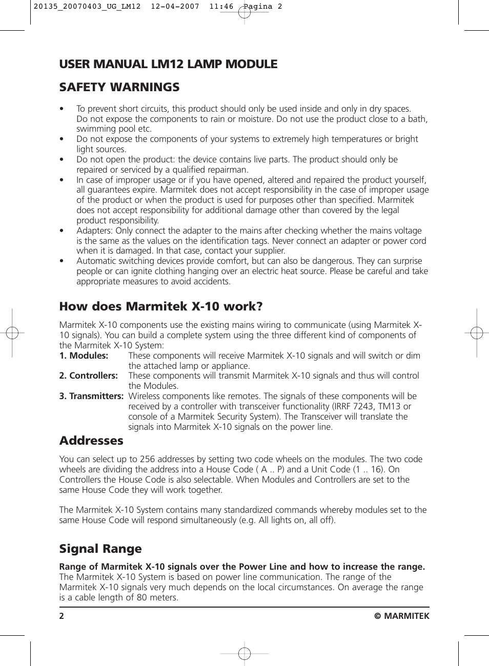 User manual, User manual lm12 lamp module safety warnings, How does marmitek x-10 work | Addresses, Signal range | Marmitek LM12 User Manual | Page 2 / 24