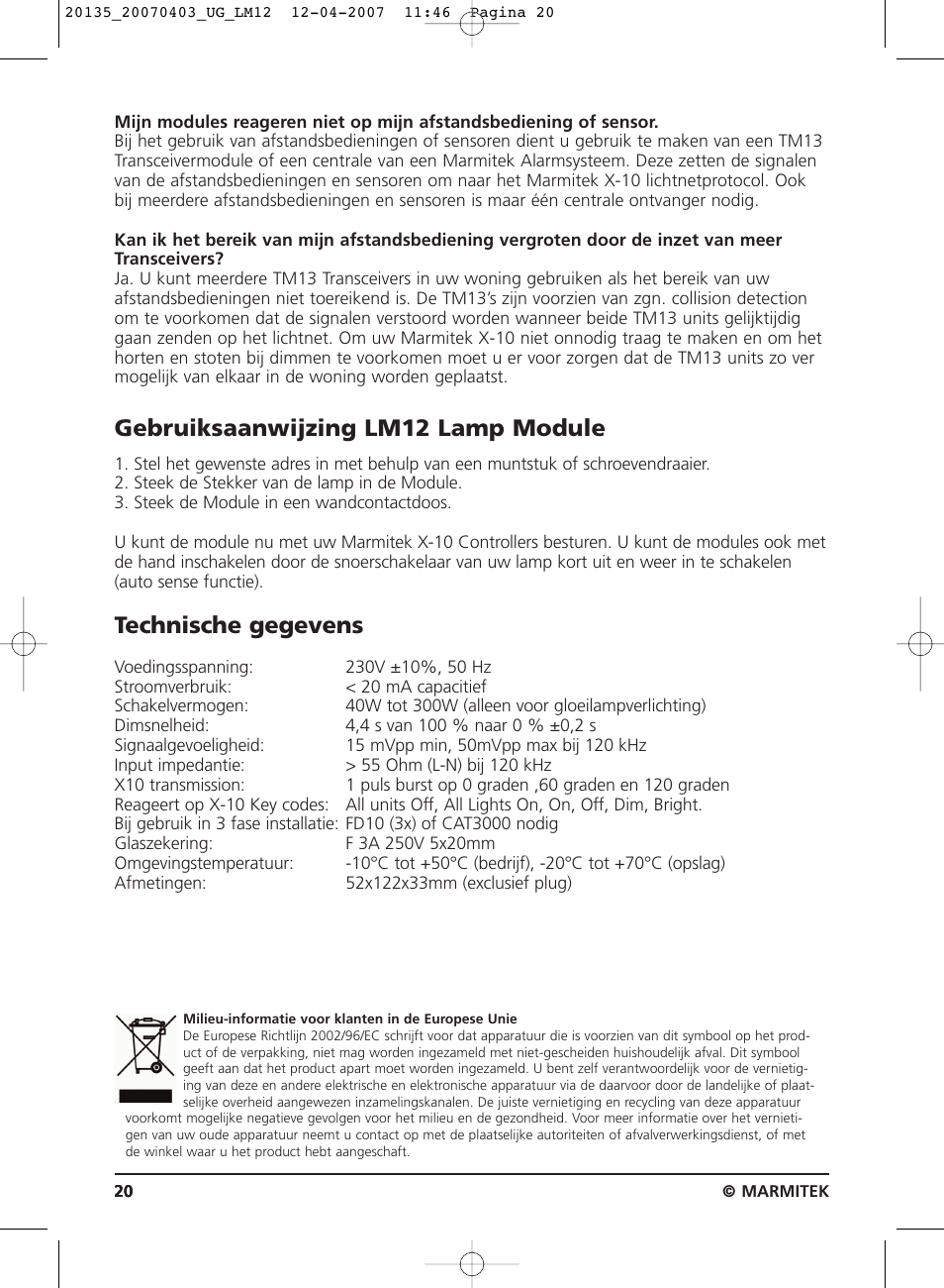 Gebruiksaanwijzing lm12 lamp module, Technische gegevens | Marmitek LM12 User Manual | Page 20 / 24