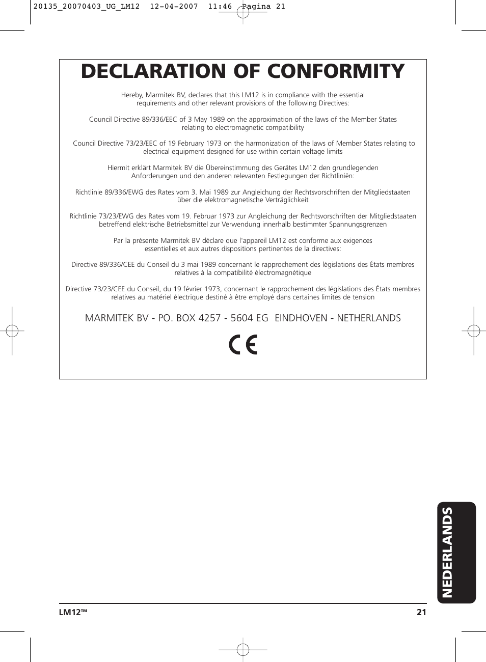 Declaration of conformity, Nederlands | Marmitek LM12 User Manual | Page 21 / 24