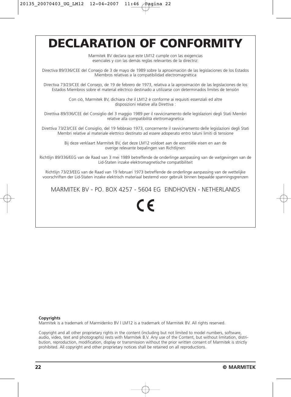 Declaration of conformity | Marmitek LM12 User Manual | Page 22 / 24