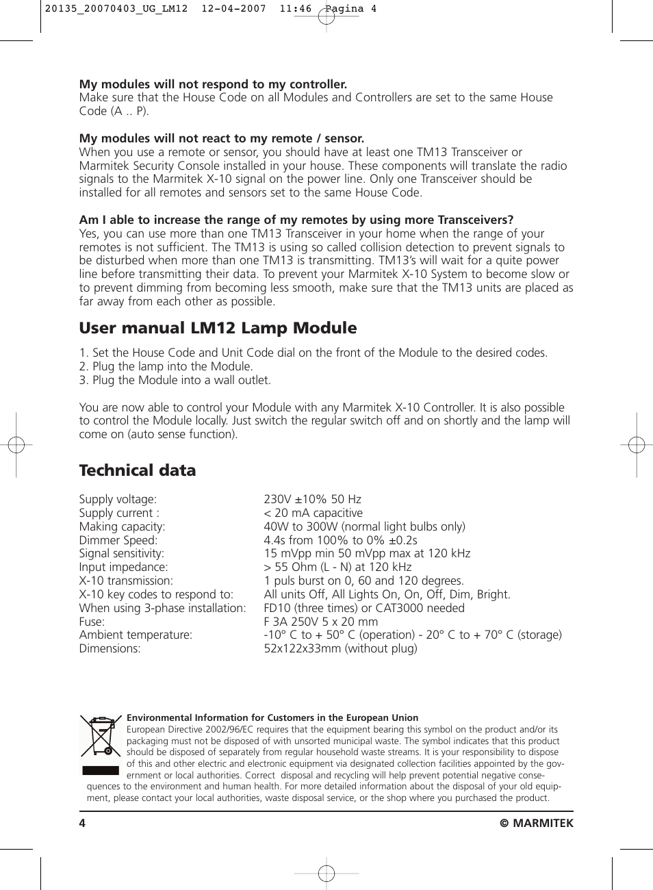User manual lm12 lamp module, Technical data | Marmitek LM12 User Manual | Page 4 / 24
