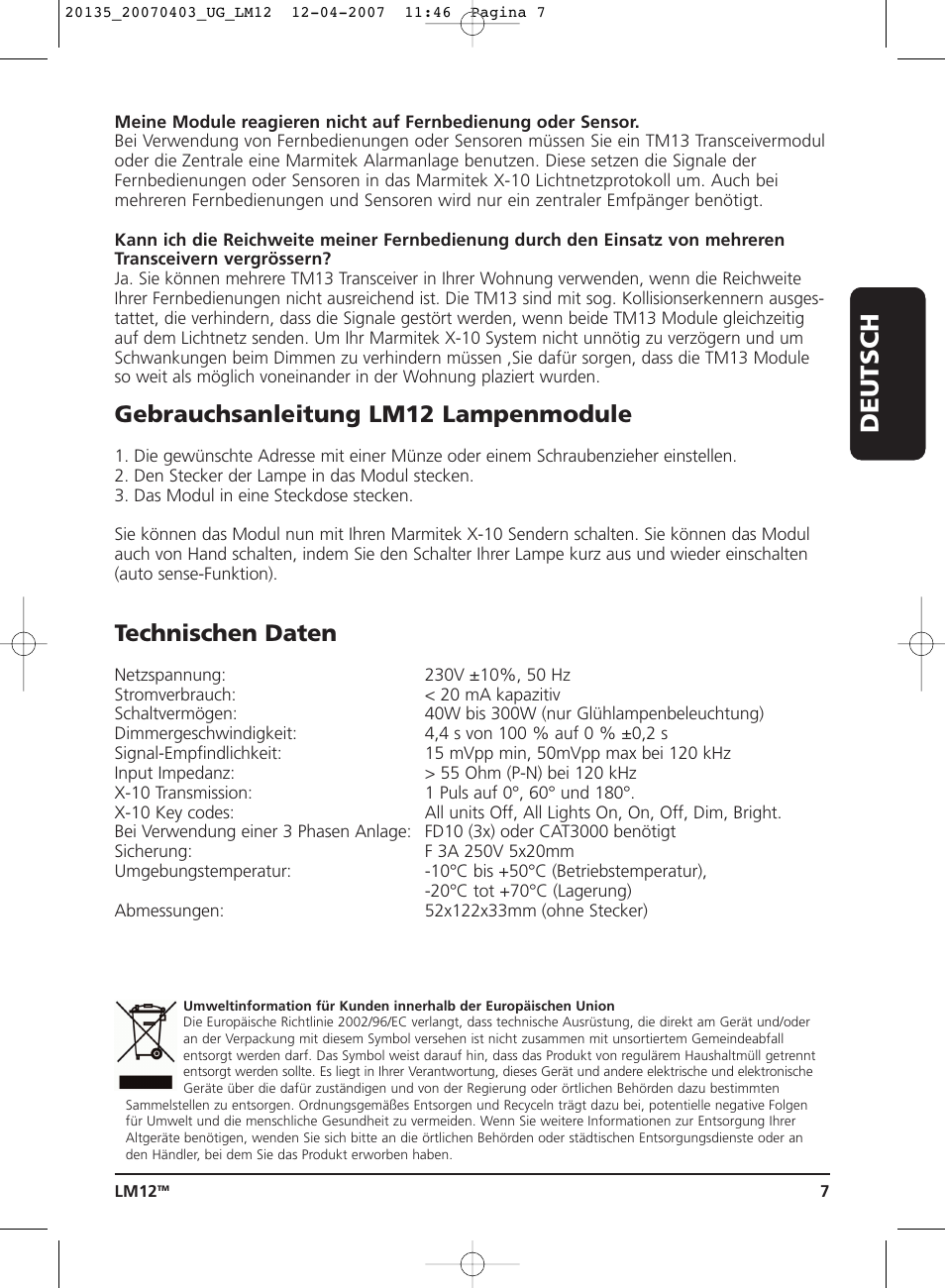 Deutsch, Gebrauchsanleitung lm12 lampenmodule, Technischen daten | Marmitek LM12 User Manual | Page 7 / 24