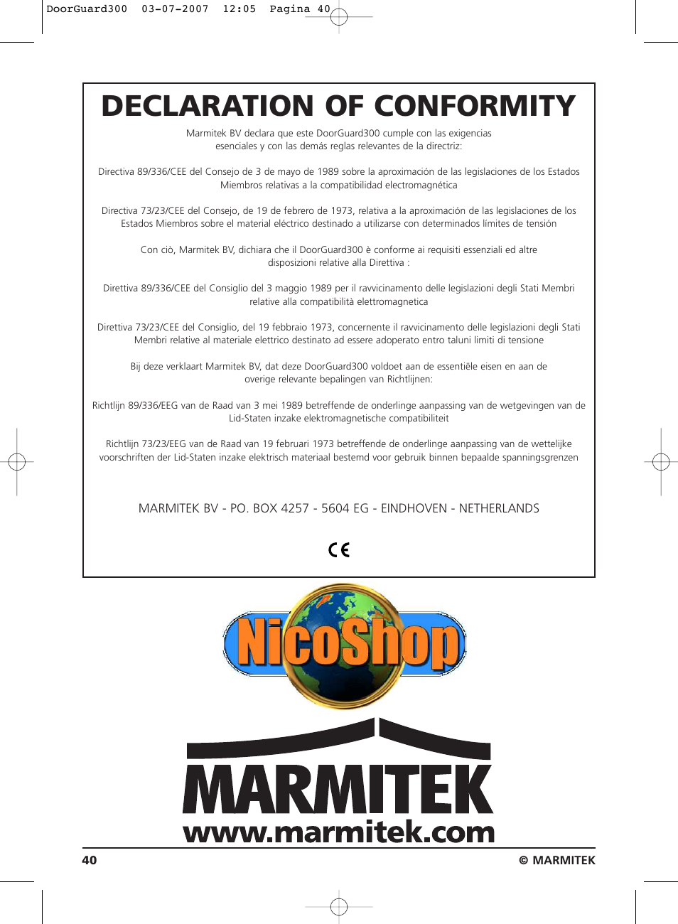 Declaration of conformity | Marmitek DoorGuard 300 User Manual | Page 40 / 40