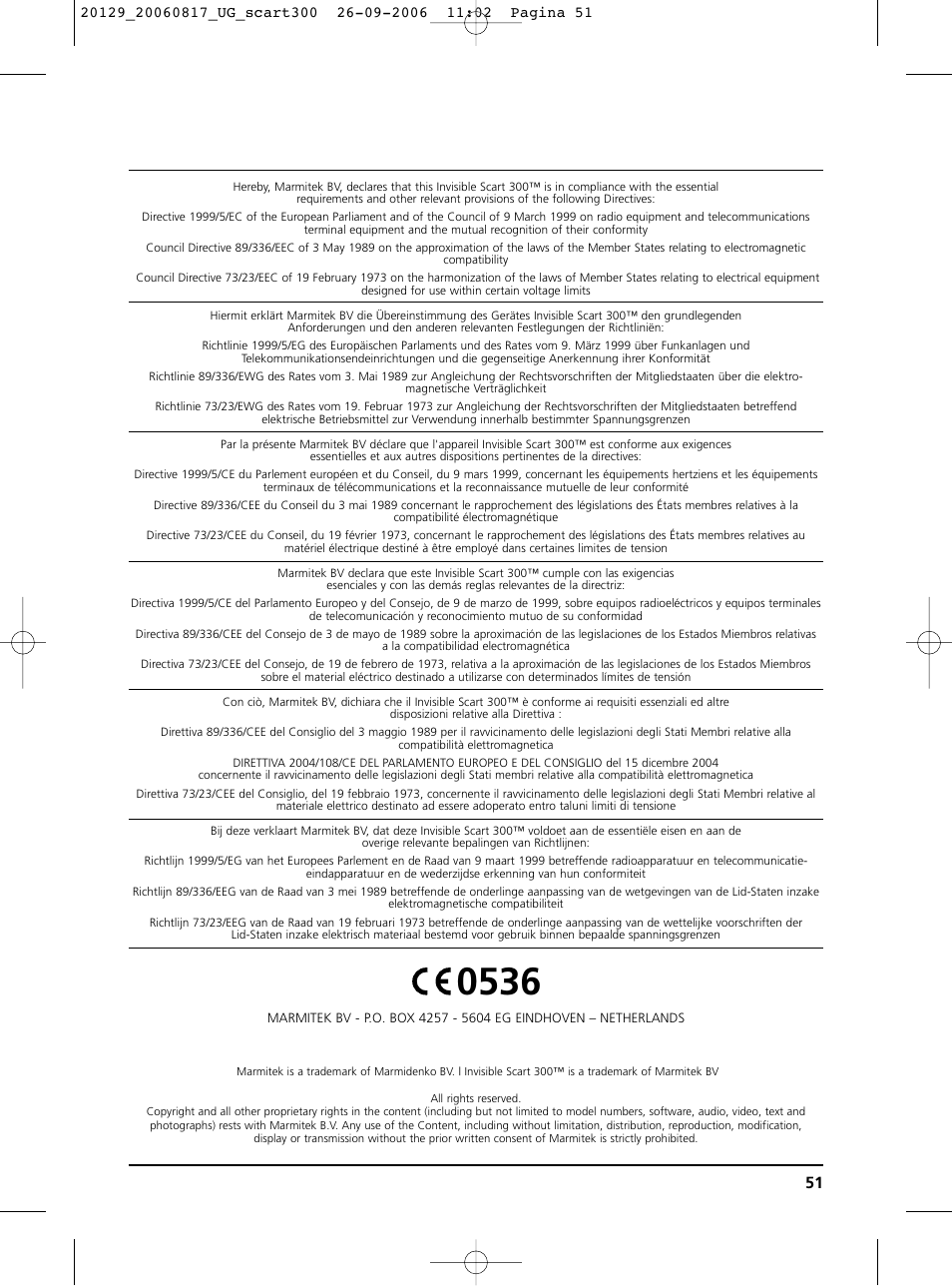 Declaration of conformity | Marmitek 300 User Manual | Page 50 / 51
