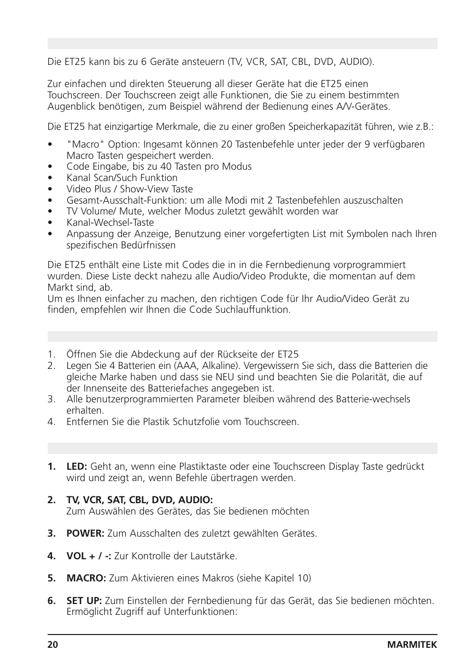 2 einleitung, 3 batterien einlegen und die schutzfolie entfernen, 4 beschreibung der et25 "plastik" tasten | Marmitek 25 User Manual | Page 20 / 68