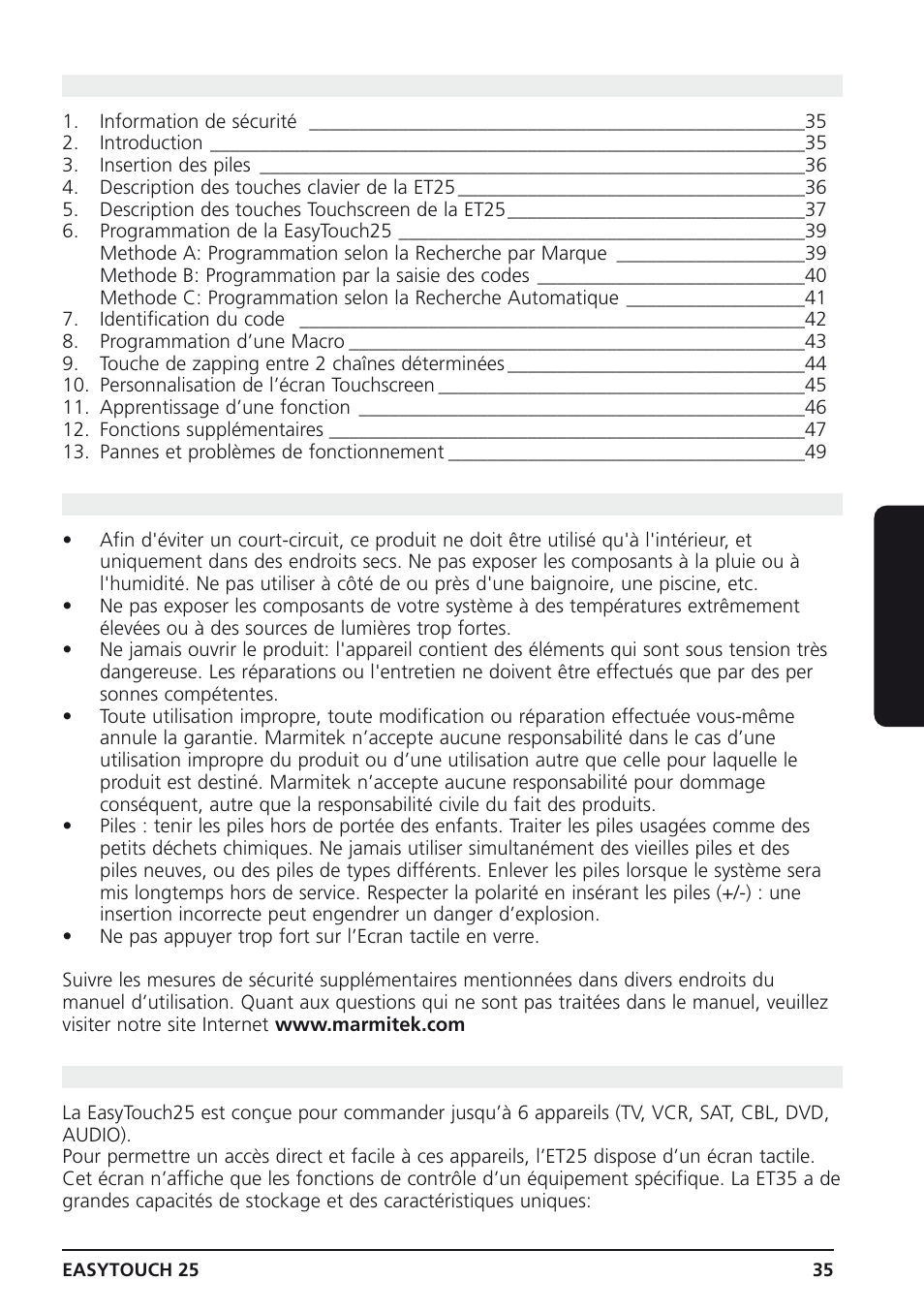 Sommaire, 1 information de sécurité, 2 introduction | Français | Marmitek 25 User Manual | Page 35 / 68