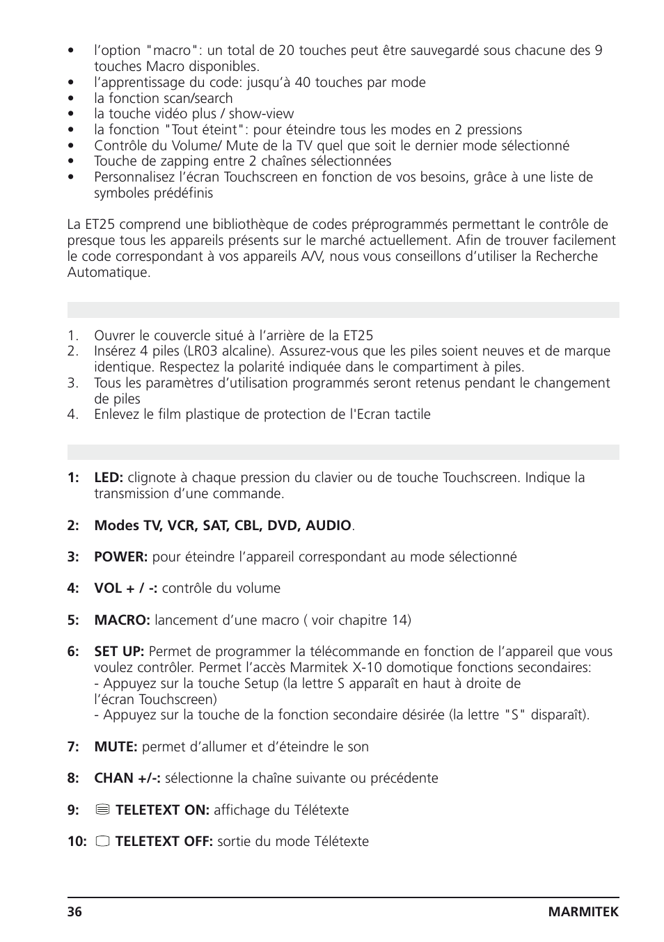 Insérer les piles et enlever le film de protection, 4 description des touches clavier de la et25 | Marmitek 25 User Manual | Page 36 / 68