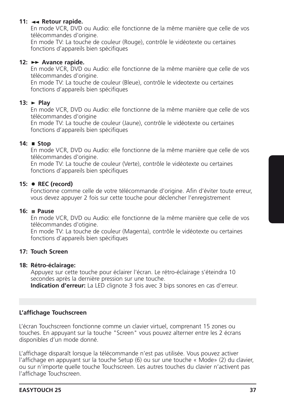 5 description des touches touchscreen de la et25, Français | Marmitek 25 User Manual | Page 37 / 68