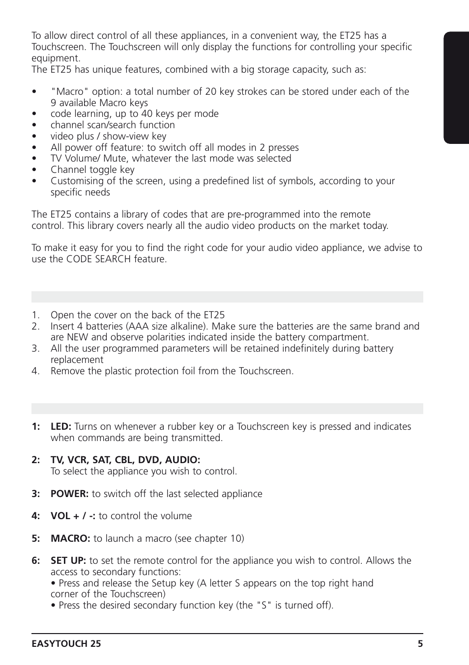 3 installing the batteries, 4 description of the et25 "rubber" keys, English | Marmitek 25 User Manual | Page 5 / 68