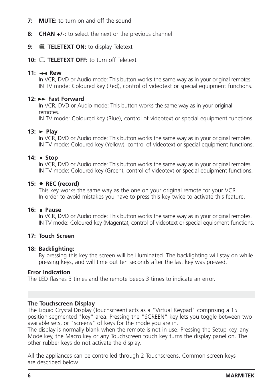 5 description of the et25 "touchscreen" keys | Marmitek 25 User Manual | Page 6 / 68