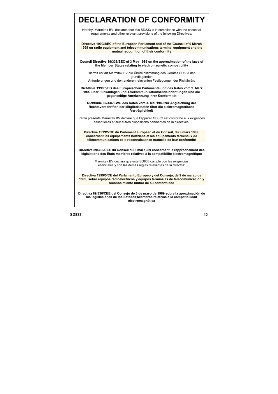 Declaration of conformity | Marmitek SD833 User Manual | Page 41 / 44