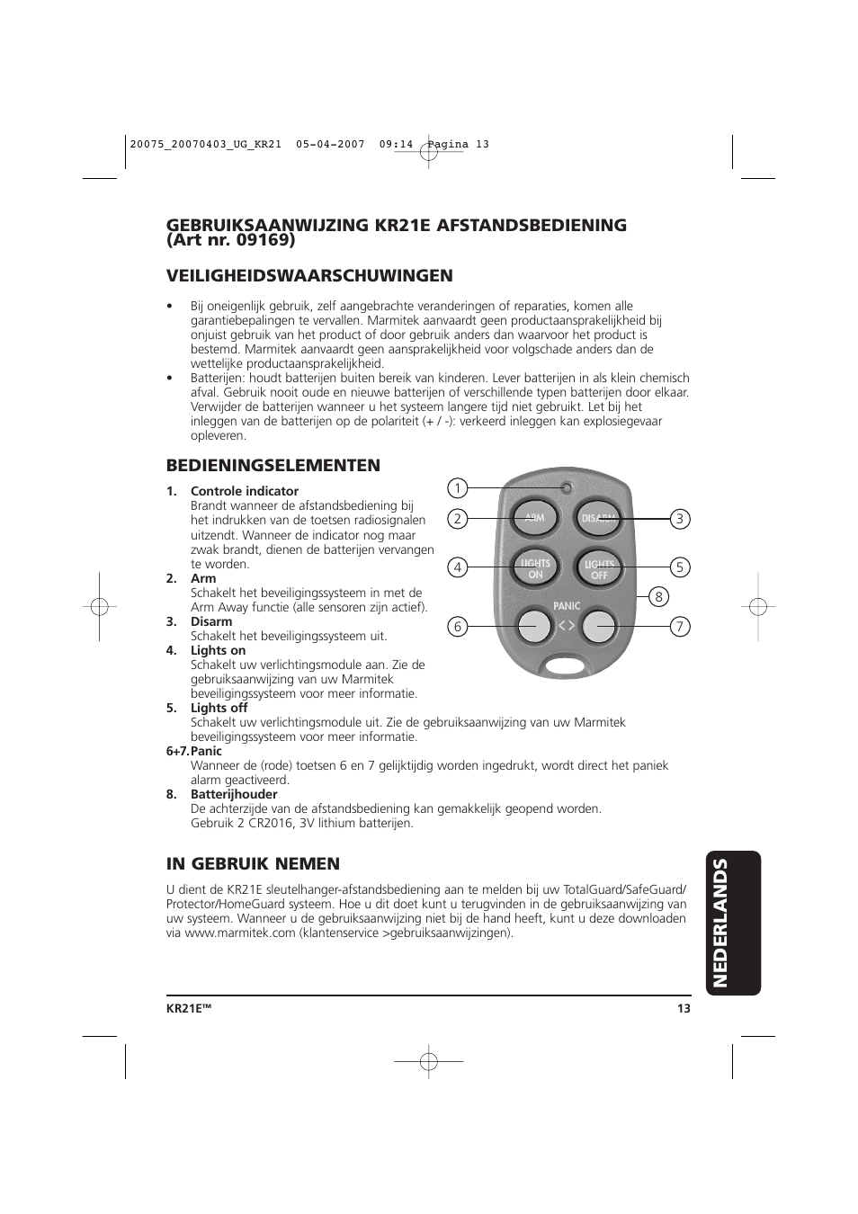 Nederlands, Bedieningselementen | Marmitek 20075/20070403 User Manual | Page 13 / 16