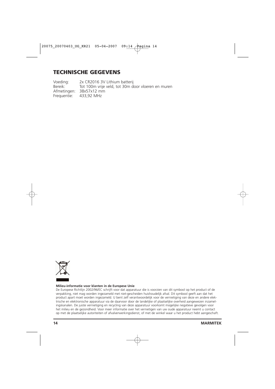 Technische gegevens | Marmitek 20075/20070403 User Manual | Page 14 / 16