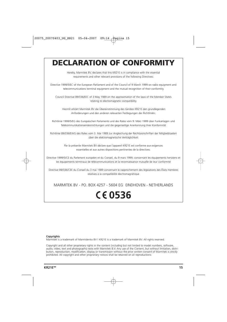 Declaration of conformity | Marmitek 20075/20070403 User Manual | Page 15 / 16