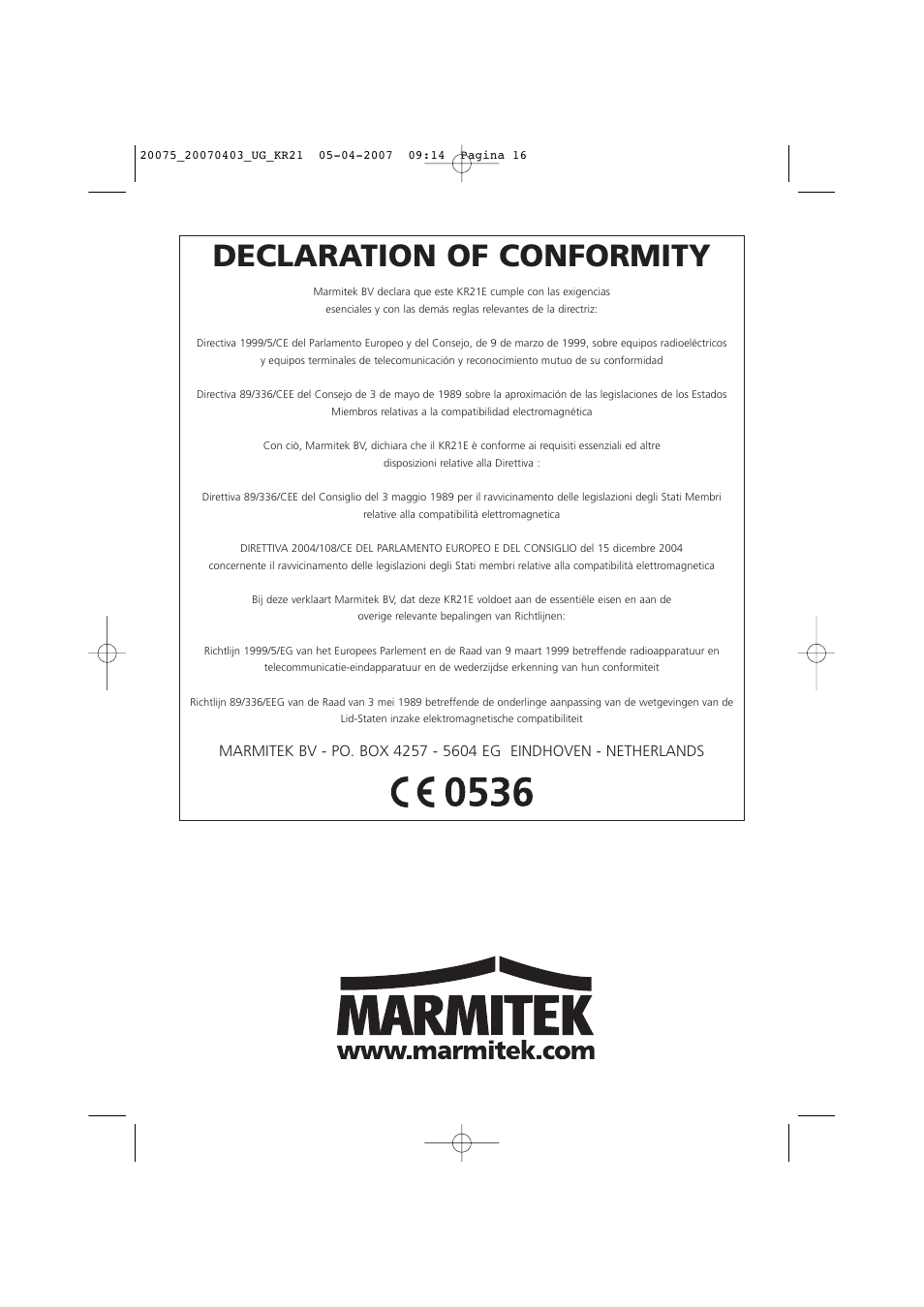 Declaration of conformity | Marmitek 20075/20070403 User Manual | Page 16 / 16