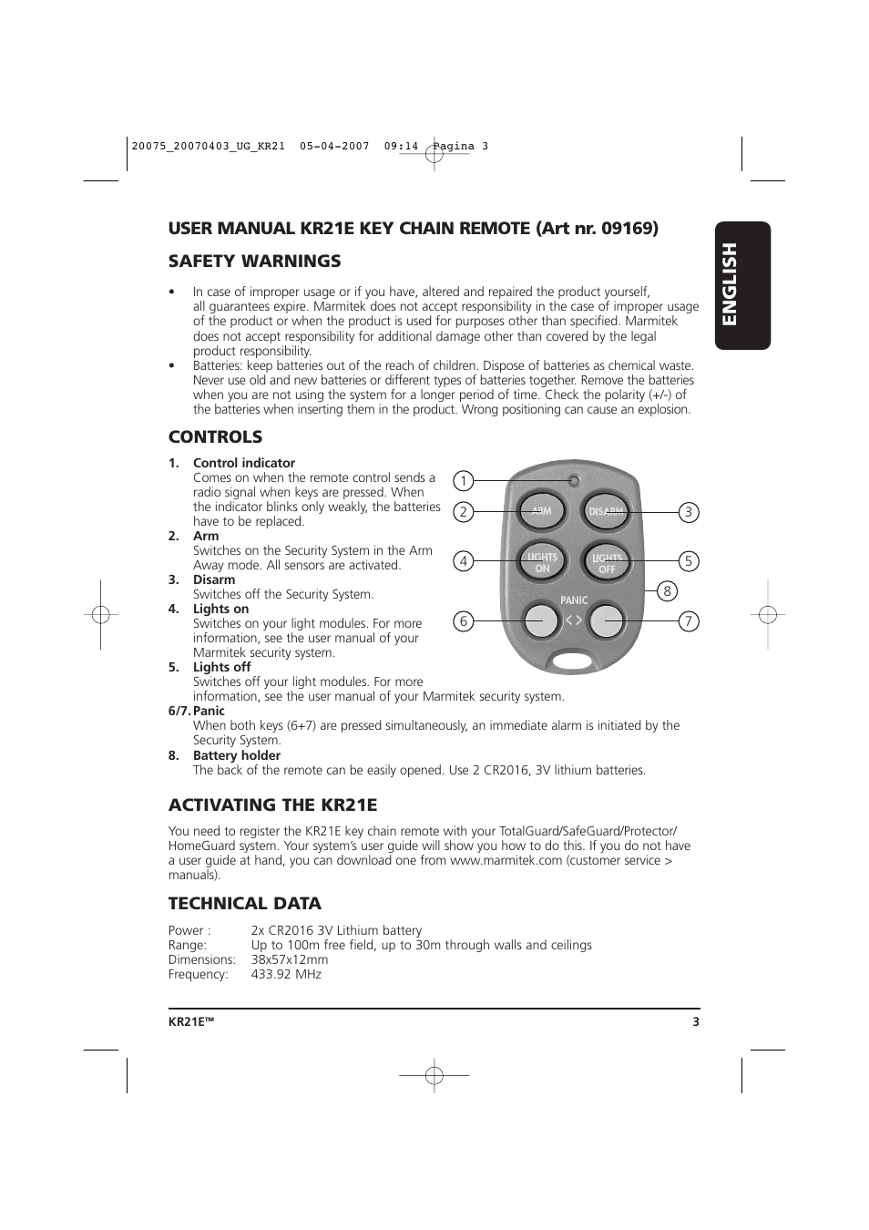 English, Controls, Activating the kr21e | Technical data | Marmitek 20075/20070403 User Manual | Page 3 / 16