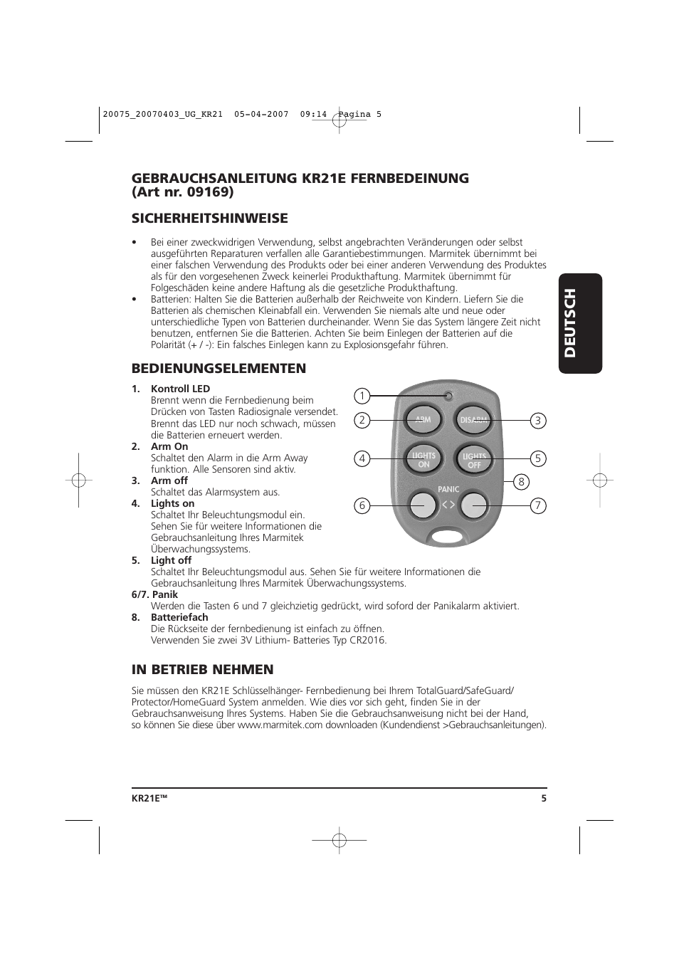 Deutsch, Bedienungselementen | Marmitek 20075/20070403 User Manual | Page 5 / 16
