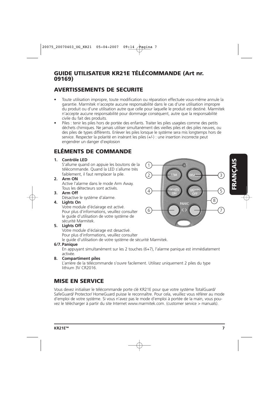 Français, Eléments de commande, Mise en service | Marmitek 20075/20070403 User Manual | Page 7 / 16