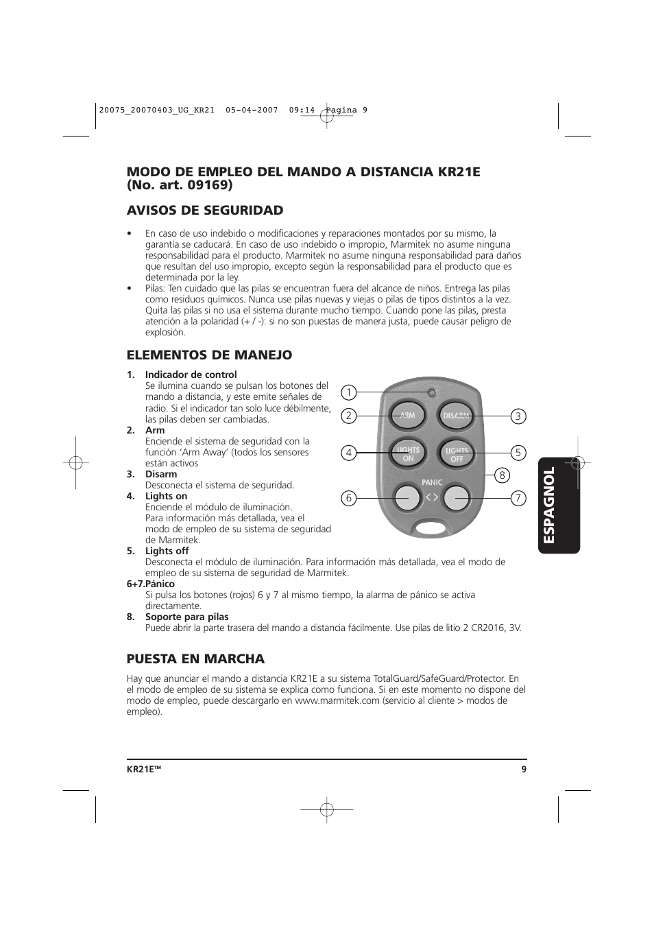 Esp agnol, Elementos de manejo, Puesta en marcha | Marmitek 20075/20070403 User Manual | Page 9 / 16