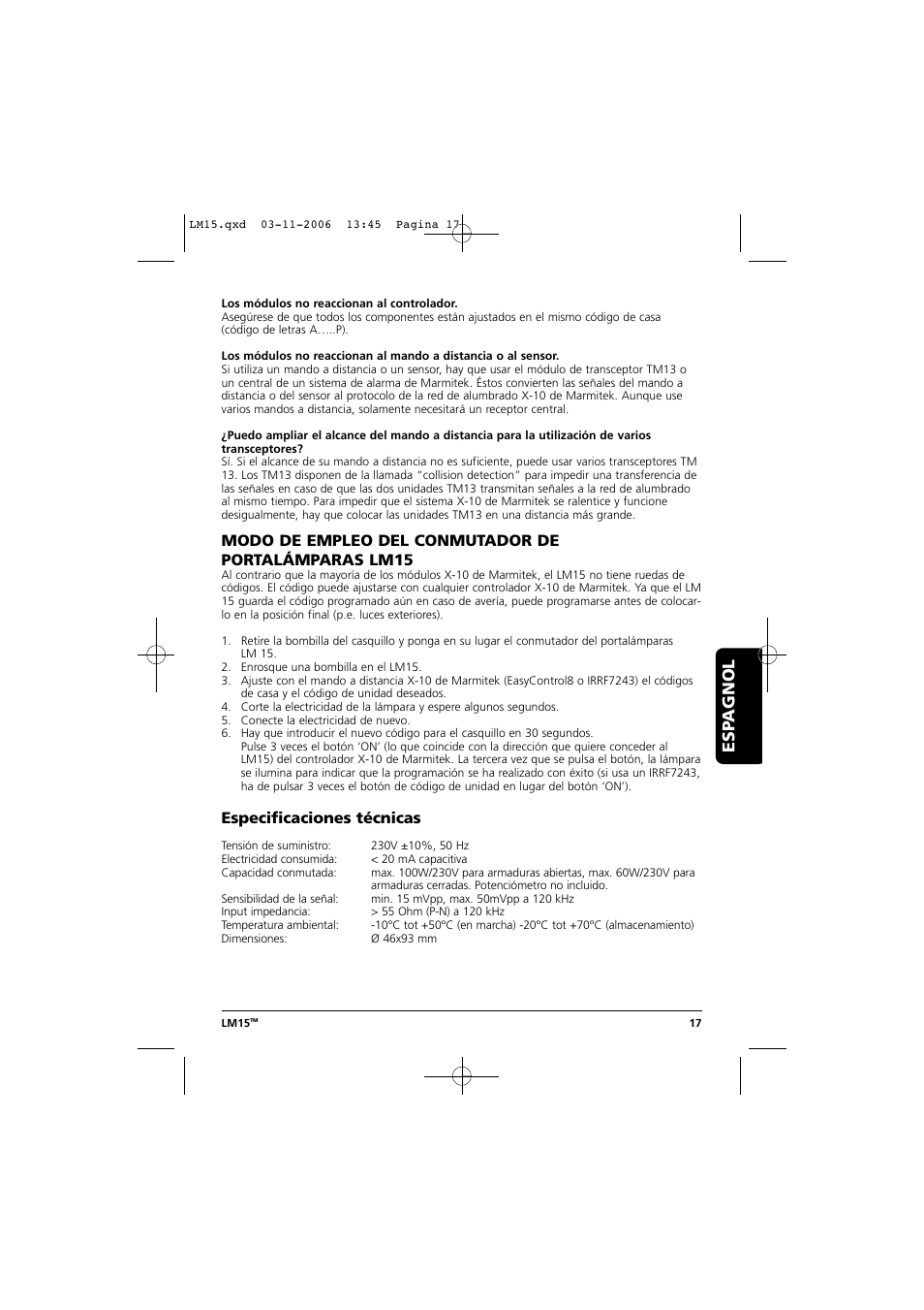 Esp agnol, Especificaciones técnicas | Marmitek LM15 User Manual | Page 17 / 28