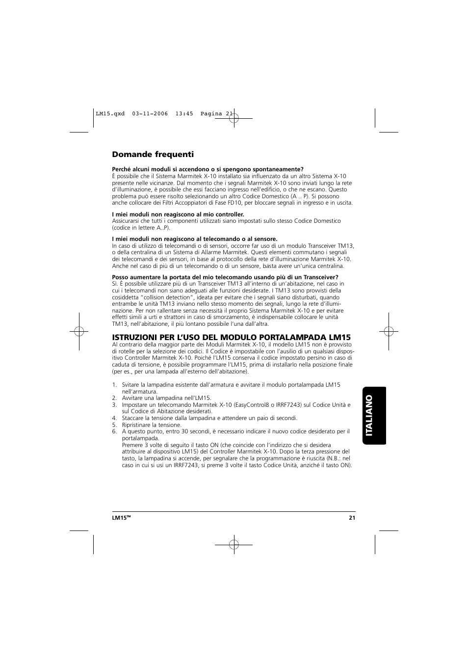 It aliano, Domande frequenti, Istruzioni per l’uso del modulo portalampada lm15 | Marmitek LM15 User Manual | Page 21 / 28