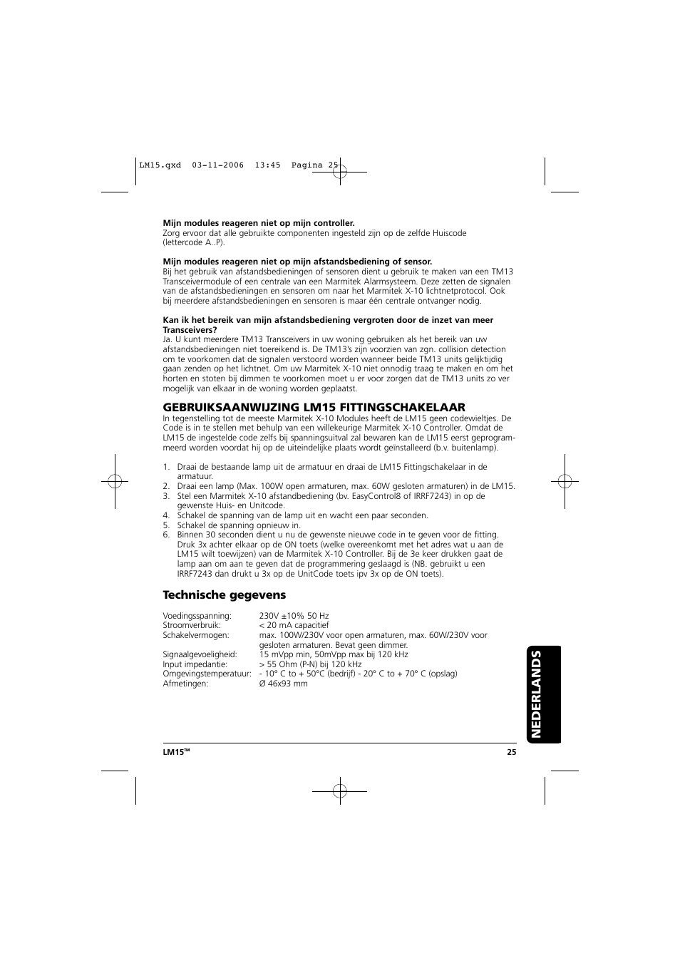 Nederlands, Gebruiksaanwijzing lm15 fittingschakelaar, Technische gegevens | Marmitek LM15 User Manual | Page 25 / 28
