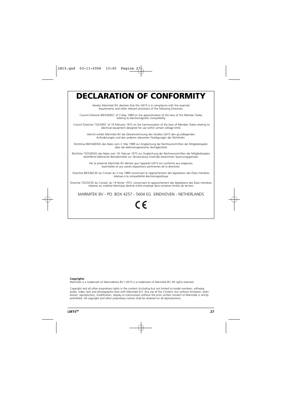 Declaration of conformity | Marmitek LM15 User Manual | Page 27 / 28