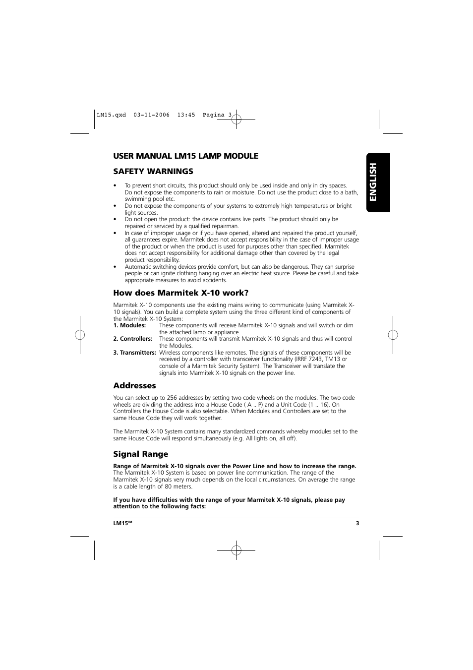 User manual, English, User manual lm15 lamp module safety warnings | How does marmitek x-10 work, Addresses, Signal range | Marmitek LM15 User Manual | Page 3 / 28