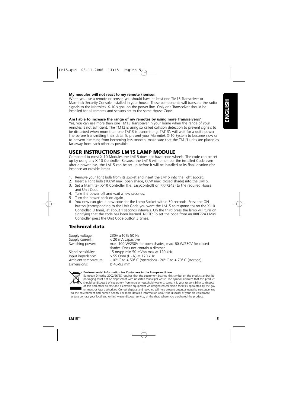 English, User instructions lm15 lamp module, Technical data | Marmitek LM15 User Manual | Page 5 / 28