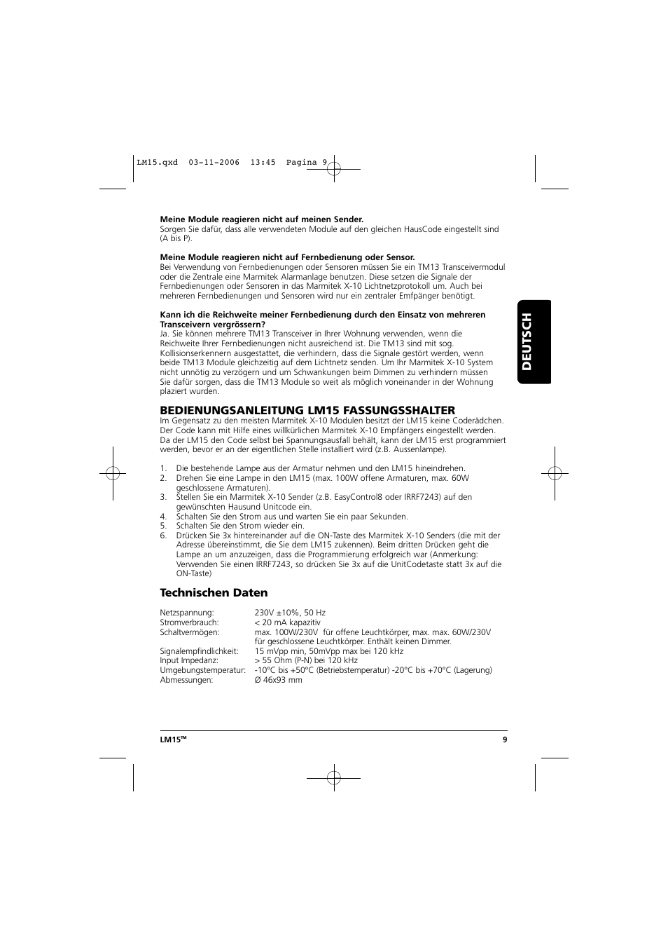 Deutsch, Bedienungsanleitung lm15 fassungsshalter, Technischen daten | Marmitek LM15 User Manual | Page 9 / 28