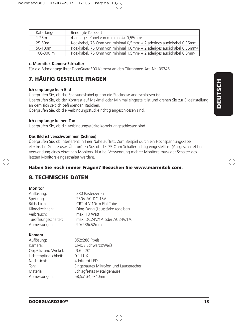 Deutsch, Häufig gestellte fragen, Technische daten | Marmitek DOORGUARD300TM User Manual | Page 13 / 40