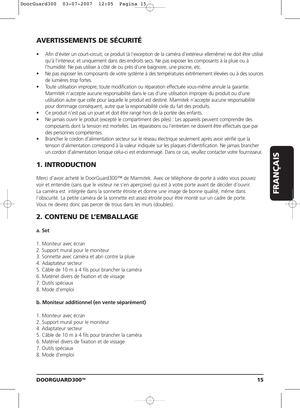Français, Avertissements de sécurité, Introduction | Contenu de l’emballage | Marmitek DOORGUARD300TM User Manual | Page 15 / 40