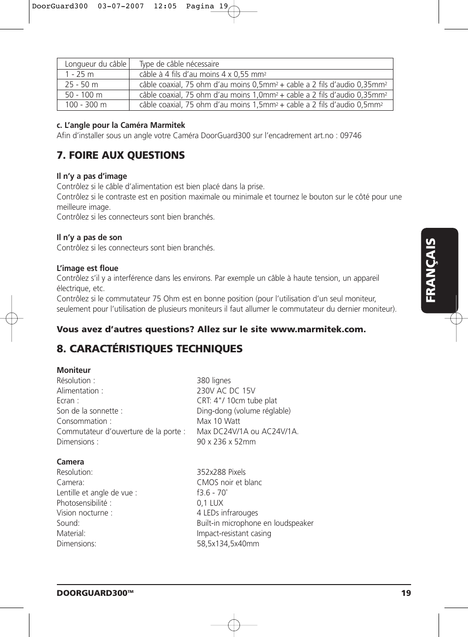 Français, Foire aux questions, Caractéristiques techniques | Marmitek DOORGUARD300TM User Manual | Page 19 / 40