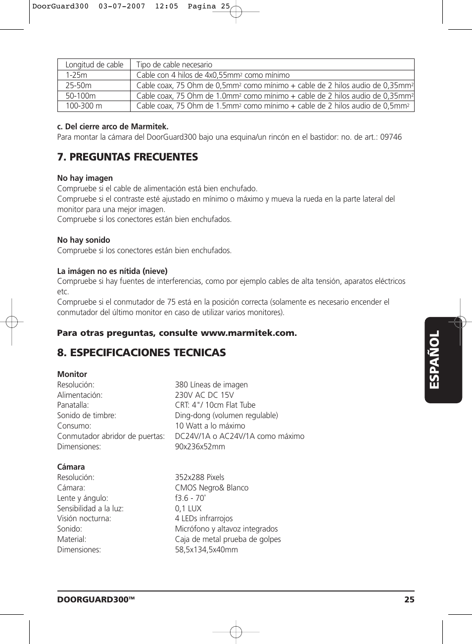 Esp añol, Preguntas frecuentes, Especificaciones tecnicas | Marmitek DOORGUARD300TM User Manual | Page 25 / 40