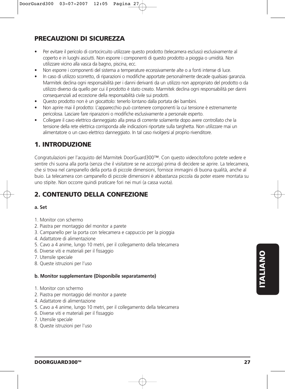 It aliano, Precauzioni di sicurezza, Introduzione | Contenuto della confezione | Marmitek DOORGUARD300TM User Manual | Page 27 / 40