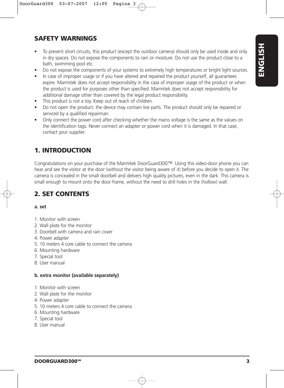 English, Safety warnings, Introduction | Set contents | Marmitek DOORGUARD300TM User Manual | Page 3 / 40