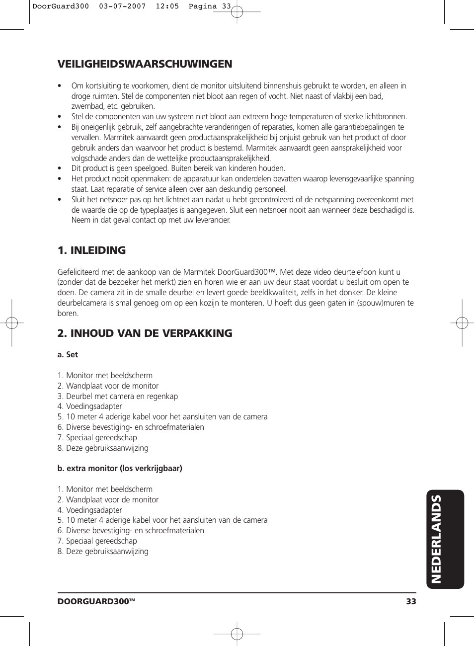 Nederlands, Veiligheidswaarschuwingen, Inleiding | Inhoud van de verpakking | Marmitek DOORGUARD300TM User Manual | Page 33 / 40