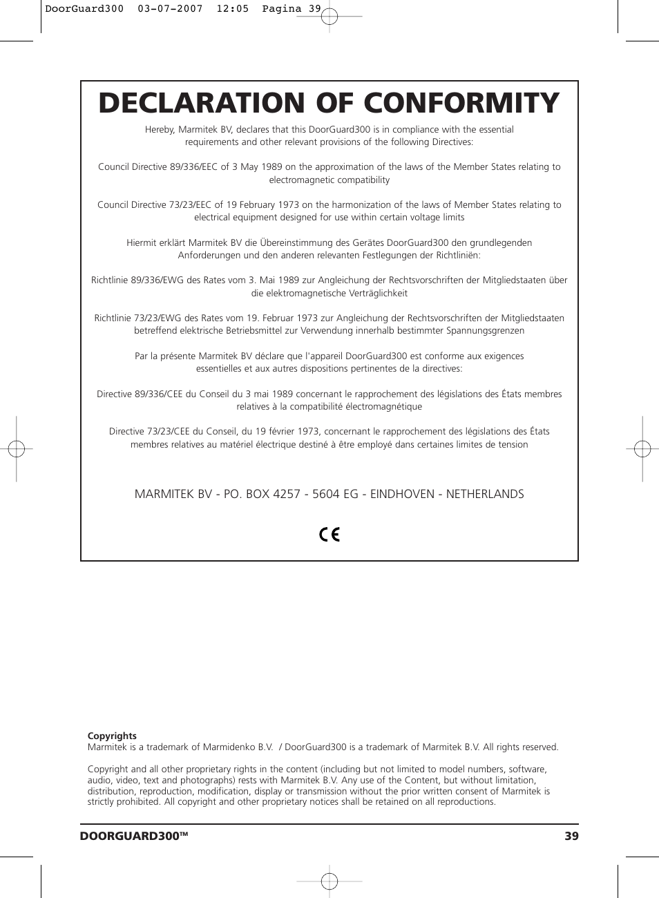 Declaration of conformity | Marmitek DOORGUARD300TM User Manual | Page 39 / 40