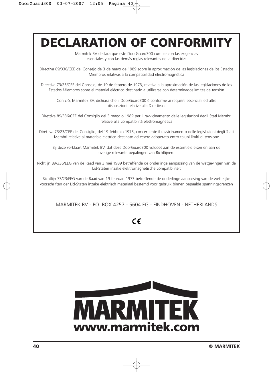 Declaration of conformity | Marmitek DOORGUARD300TM User Manual | Page 40 / 40
