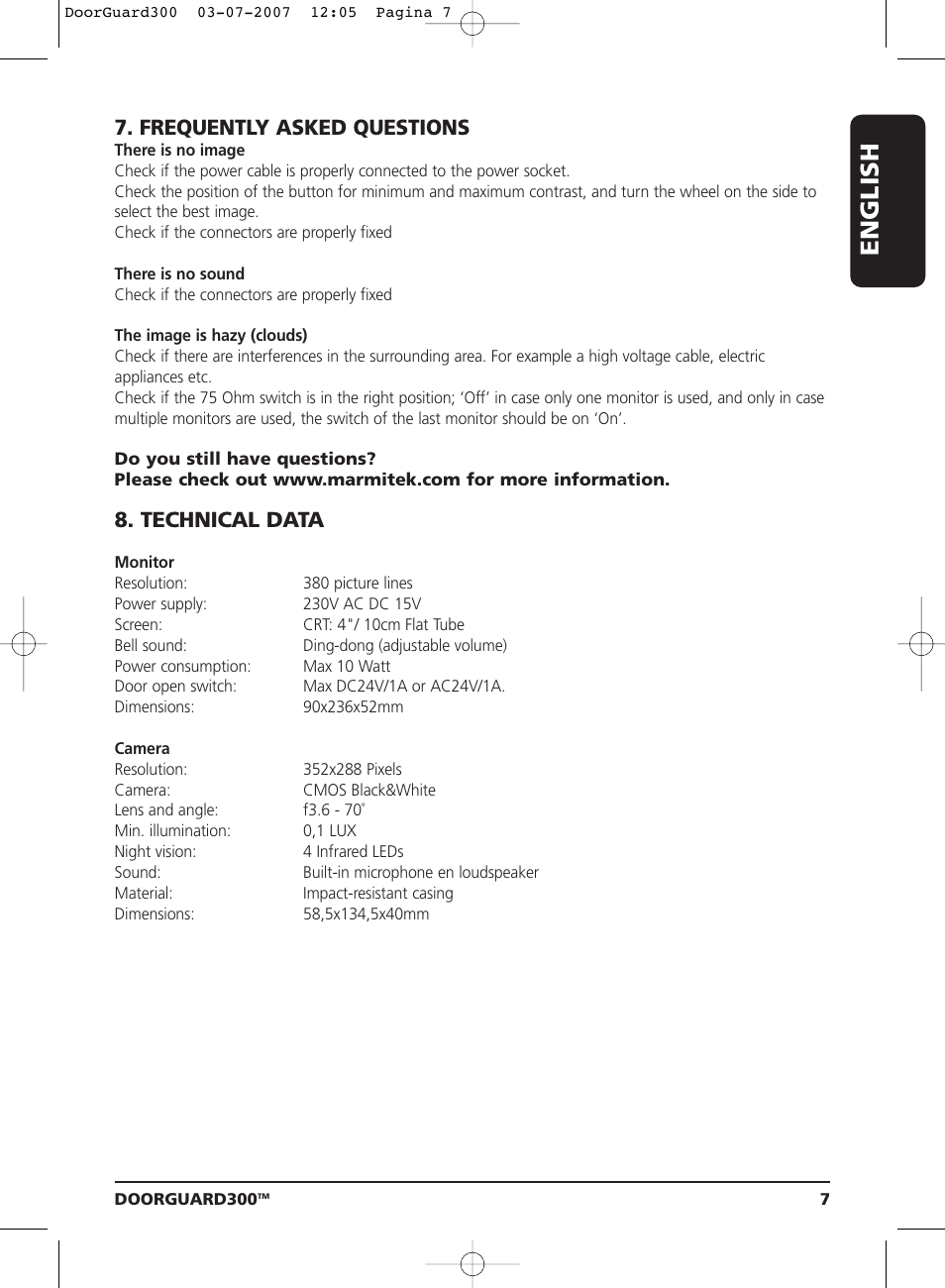 English, Frequently asked questions, Technical data | Marmitek DOORGUARD300TM User Manual | Page 7 / 40
