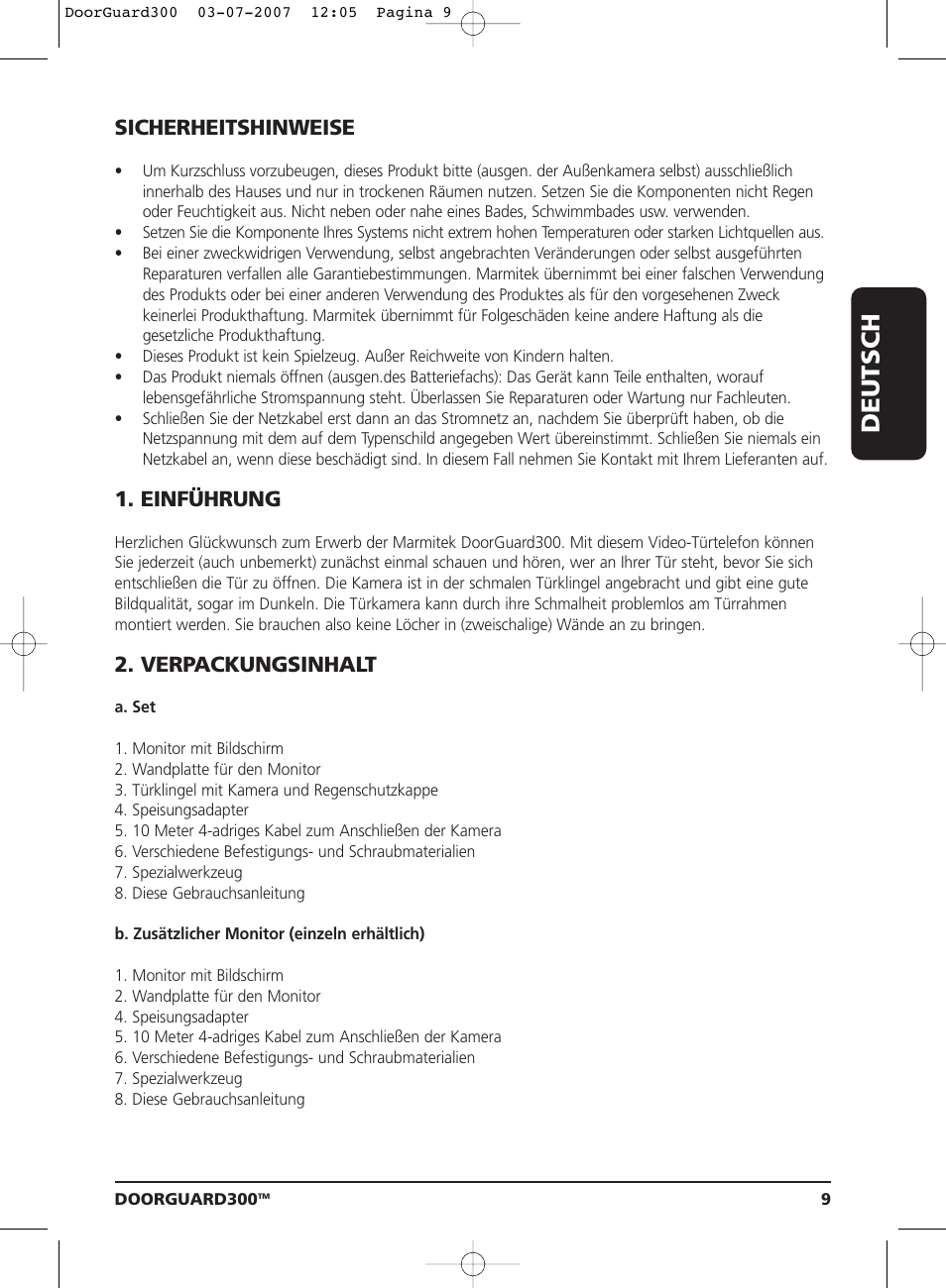 Deutsch, Sicherheitshinweise, Einführung | Verpackungsinhalt | Marmitek DOORGUARD300TM User Manual | Page 9 / 40