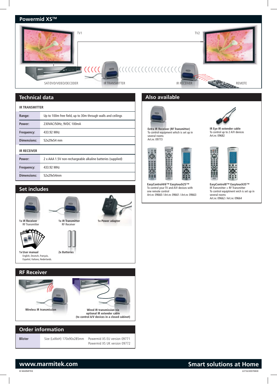 Powermid xs, Also available order information technical data, Set includes | Rf receiver | Marmitek Powermid XS Wireless Remote Control Extender User Manual | Page 2 / 2
