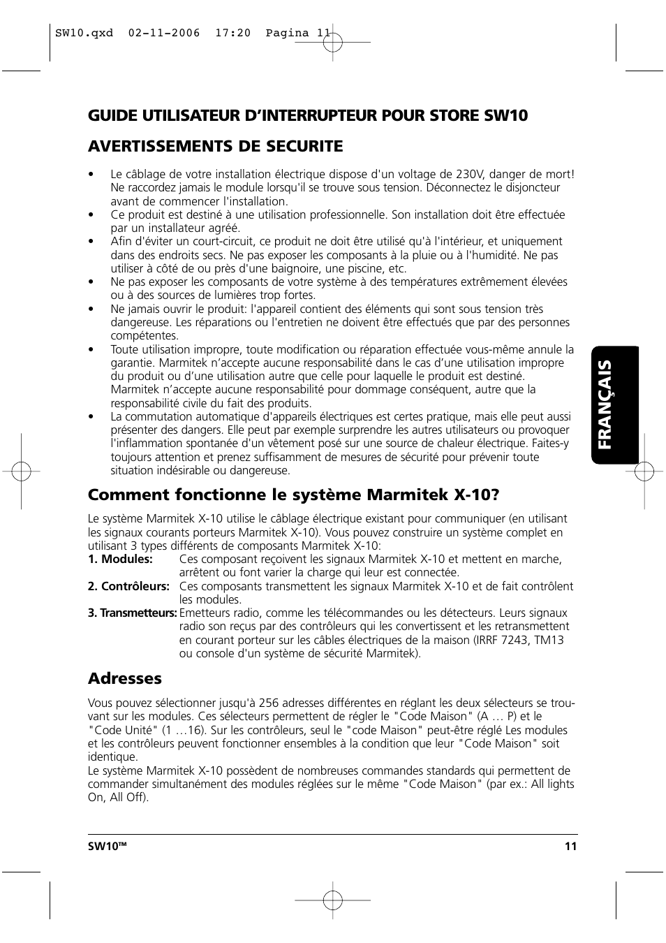Guide utilisateur, Français, Comment fonctionne le système marmitek x-10 | Adresses | Marmitek SW10 User Manual | Page 11 / 28