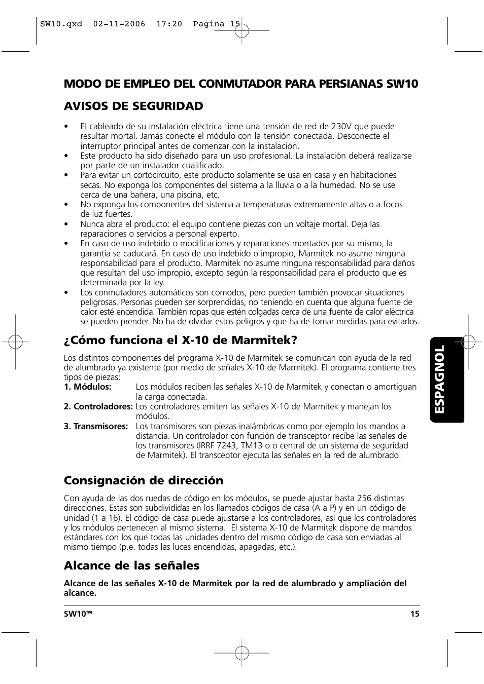 Modo de empleo, Esp agnol, Cómo funciona el x-10 de marmitek | Consignación de dirección, Alcance de las señales | Marmitek SW10 User Manual | Page 15 / 28