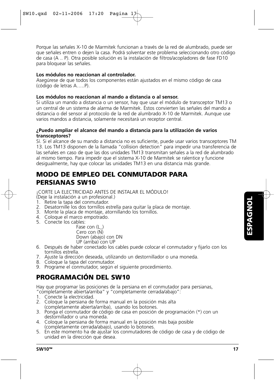 Esp agnol, Modo de empleo del conmutador para persianas sw10, Programación del sw10 | Marmitek SW10 User Manual | Page 17 / 28